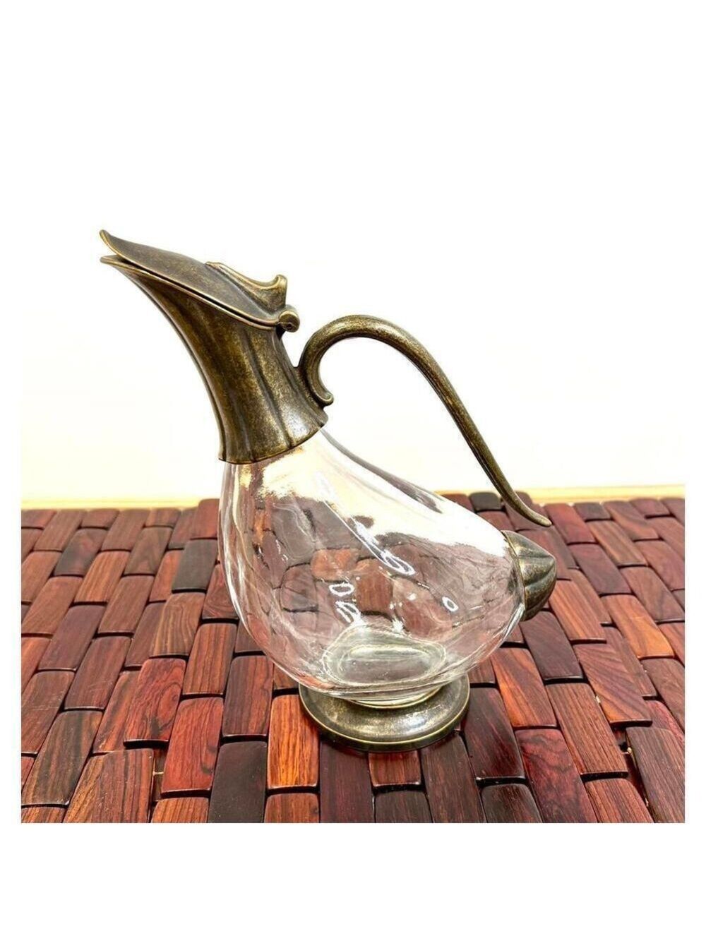 Vintage Duck Decanter Brass & Glass Italian Wine Pitcher with Hinged Lid Barware